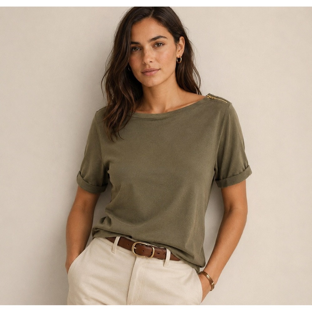 Lauren Ralph Lauren Womens Olive Green Boatneck Zipper Shoulder Tee Shirt Size L